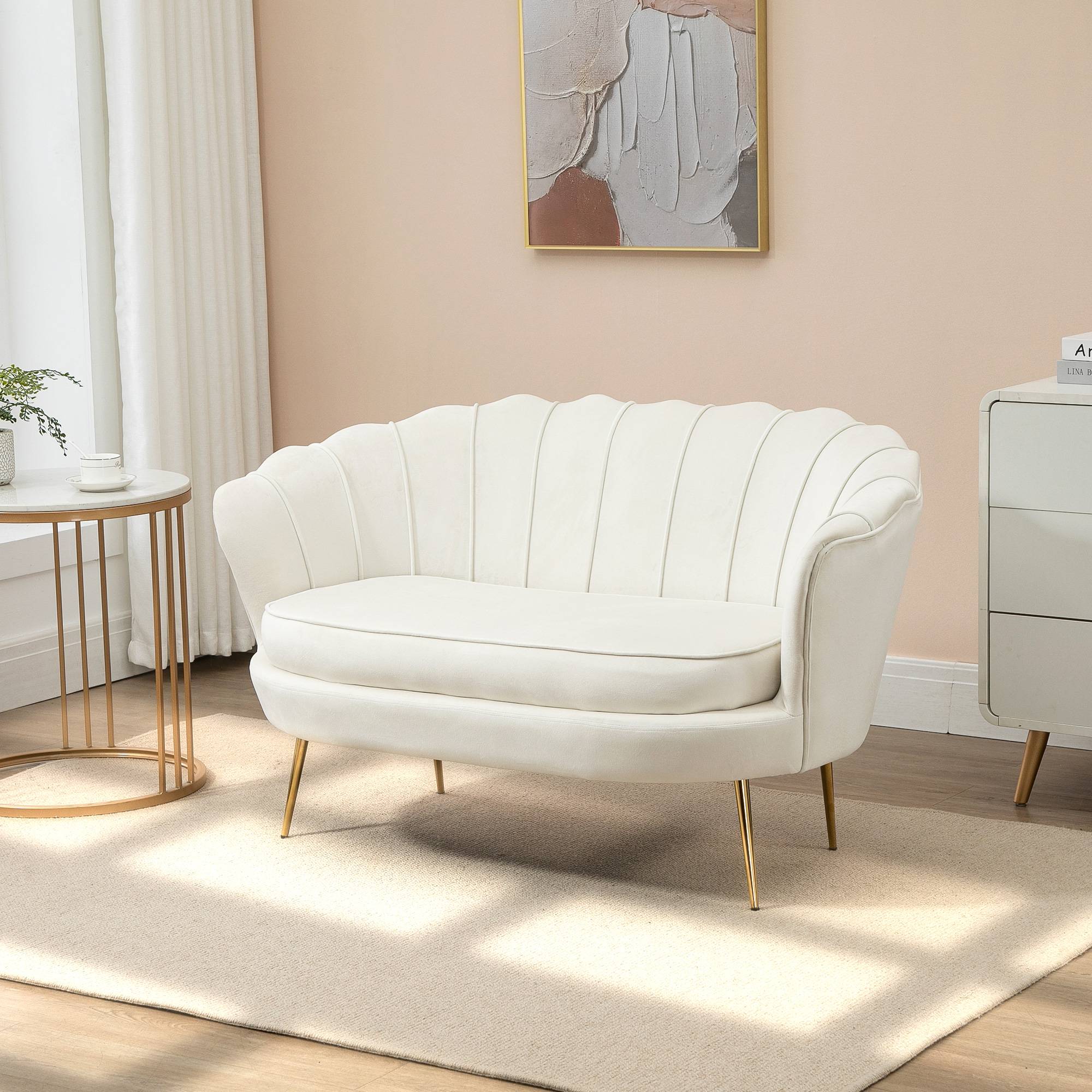 Canapé 2 places en velours crème, forme coquillage, coussin épais 10 cm, structure métal, pieds dorés effilés, montage facile - Image 4