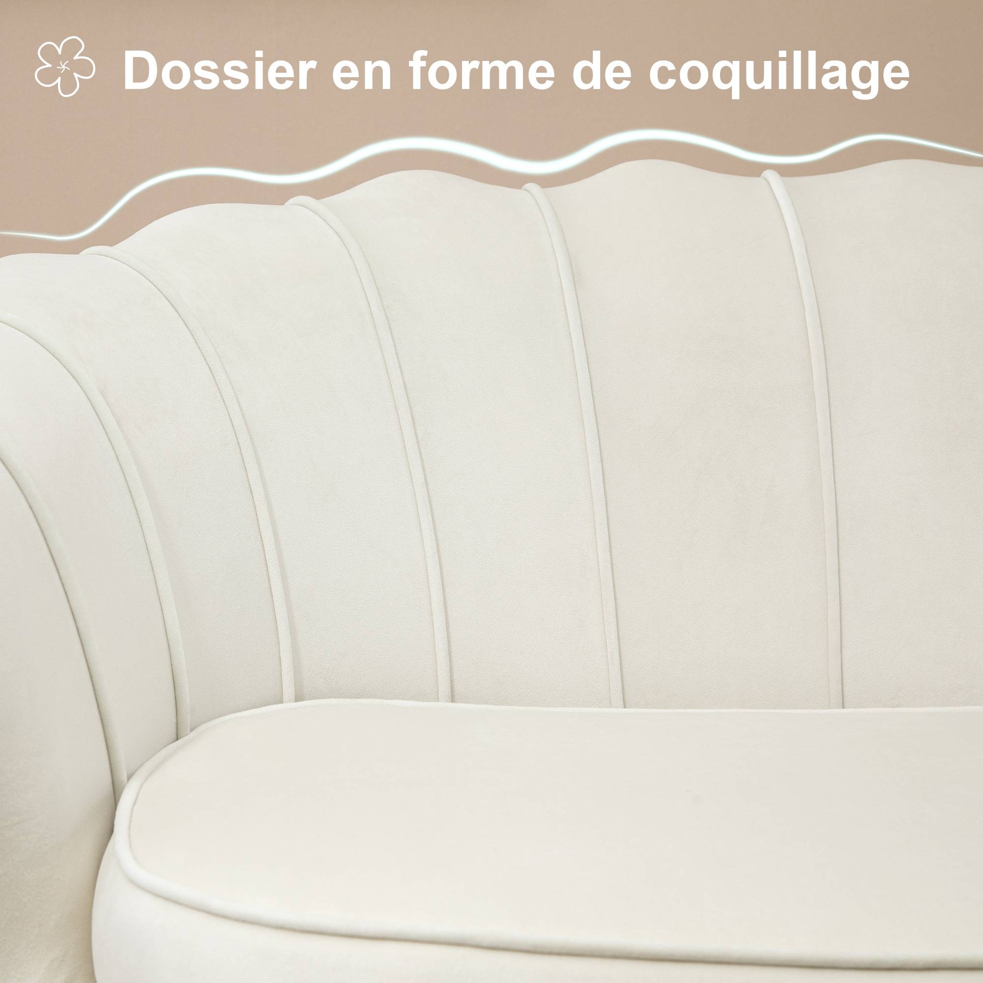 Canapé 2 places en velours crème, forme coquillage, coussin épais 10 cm, structure métal, pieds dorés effilés, montage facile - Image 6