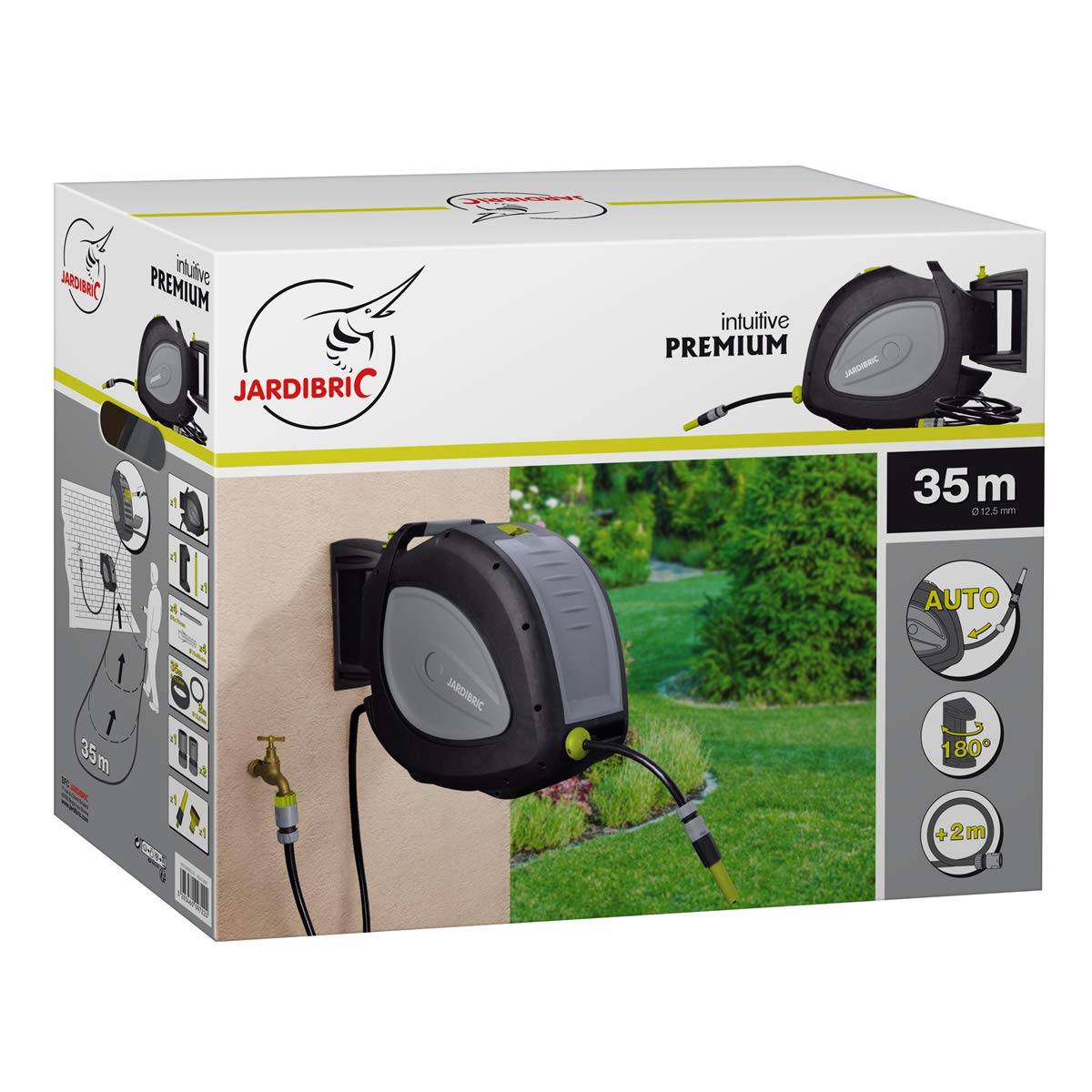 Jardibric - Jardibric - Dévidoir Arrosage Mural Automatique 35 m Ø12,5 mm - Enrouleur Rétractable Pivotant 180° - Rallonge 2 m + Lance et Raccords - Image 6