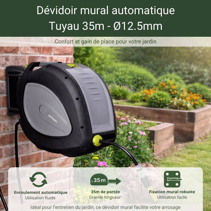 Jardibric - Jardibric - Dévidoir Arrosage Mural Automatique 35 m Ø12,5 mm - Enrouleur Rétractable Pivotant 180° - Rallonge 2 m + Lance et Raccords - Image 2