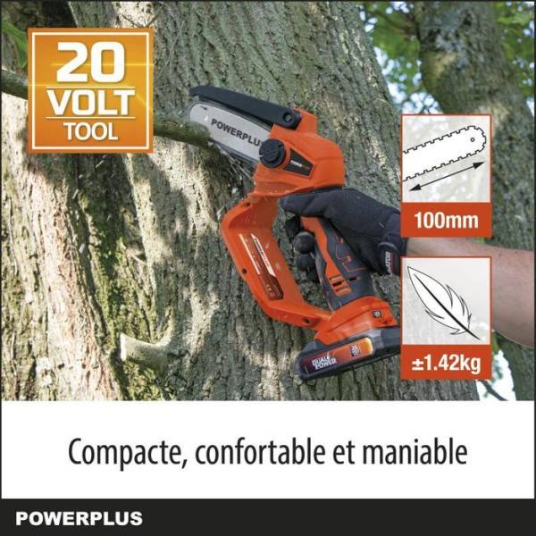 Dual Power Tronçonneuse a Batterie POWDPG7572, 20 V, Guide de 100 mm a 14 Dents sans Batterie ni Chargeur - Image 2