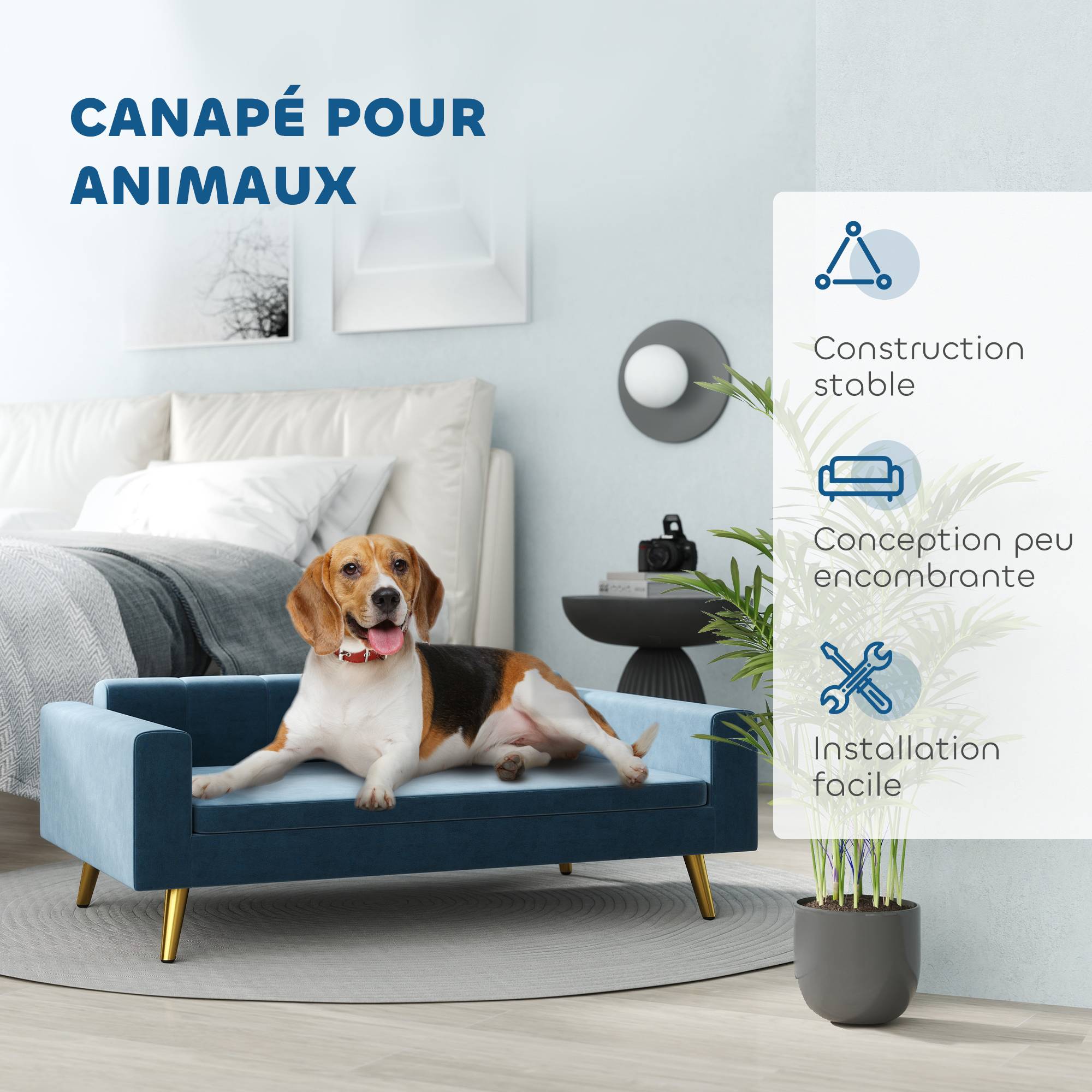 Canapé chien lit pour chien design scandinave coussin moelleux pieds métal doré 94 x 59,5 x 31,5 cm velours soyeux bleu - Image 8
