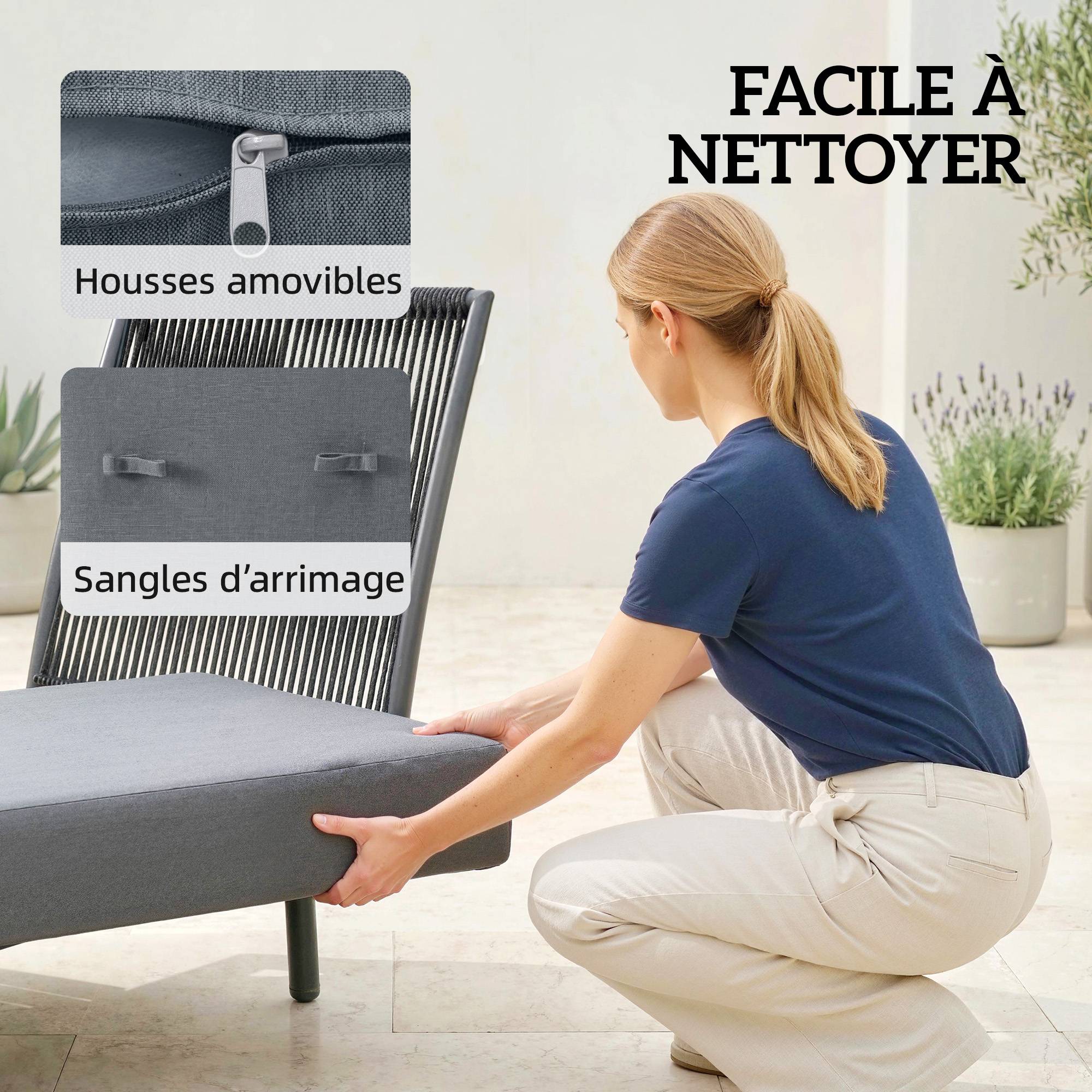 Transat jardin coussins oléfine lavables tablette latérale métal 58x137x75 cm gris - Image 10
