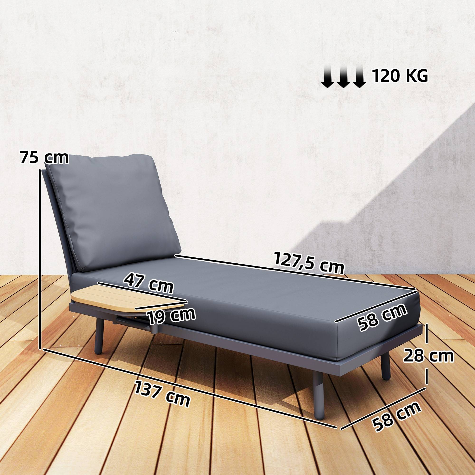 Transat jardin coussins oléfine lavables tablette latérale métal 58x137x75 cm gris - Image 5