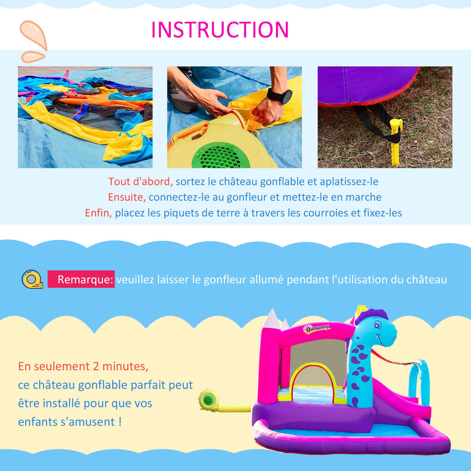 Château Gonflable avec Toboggan, Trampoline, Piscine et Panier, Souffleur 350W Inclus, Multicolore - Image 8