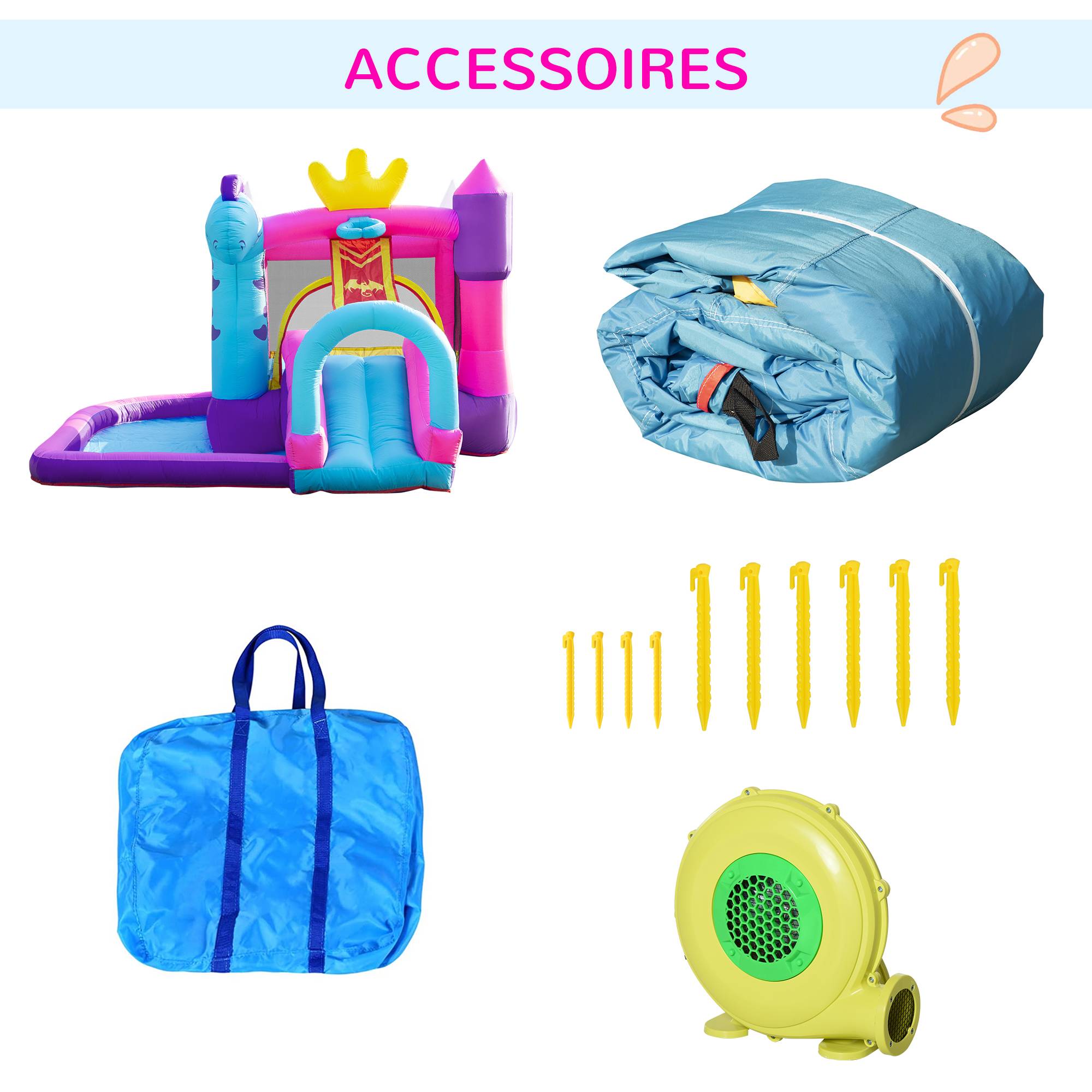 Château Gonflable avec Toboggan, Trampoline, Piscine et Panier, Souffleur 350W Inclus, Multicolore - Image 10