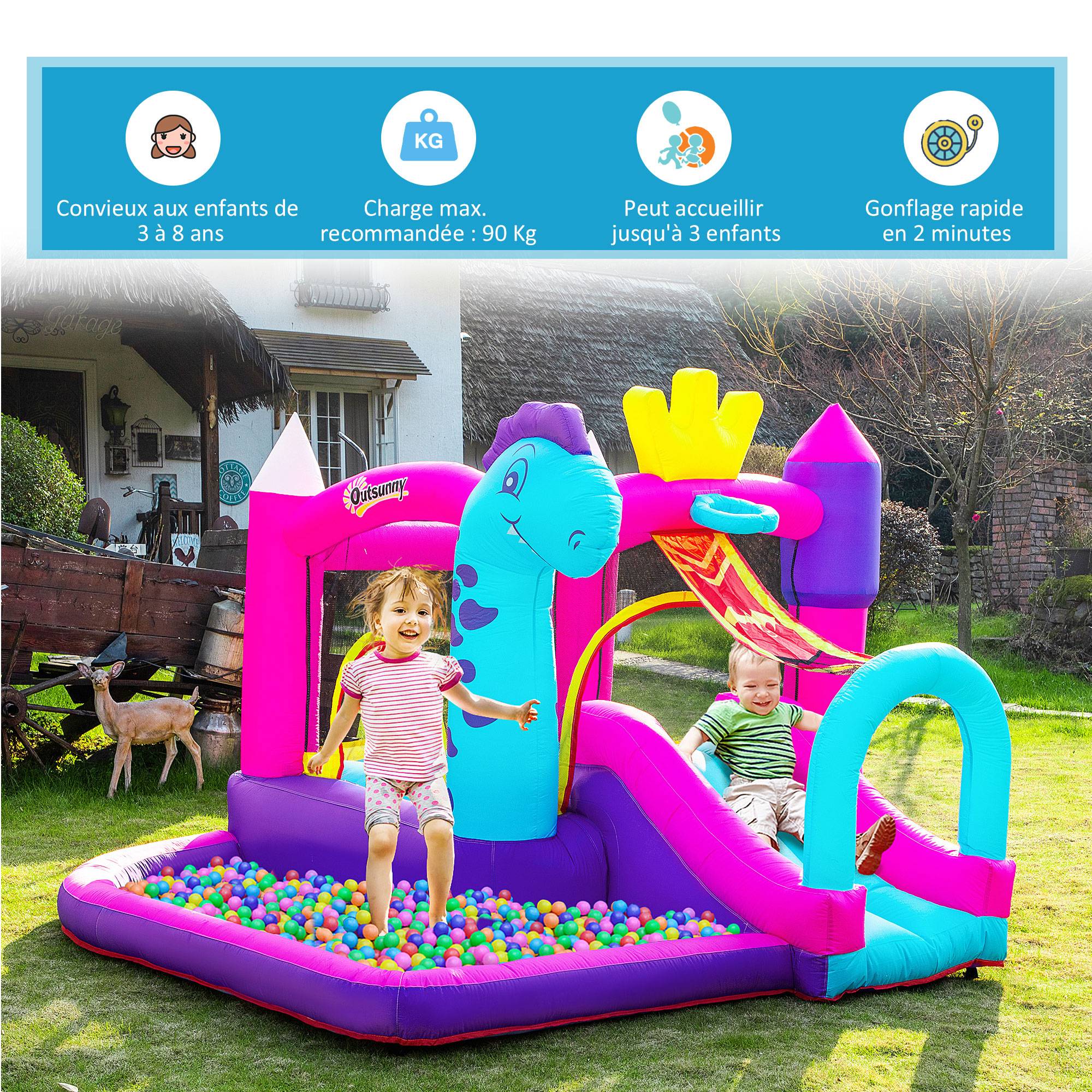 Château Gonflable avec Toboggan, Trampoline, Piscine et Panier, Souffleur 350W Inclus, Multicolore - Image 7