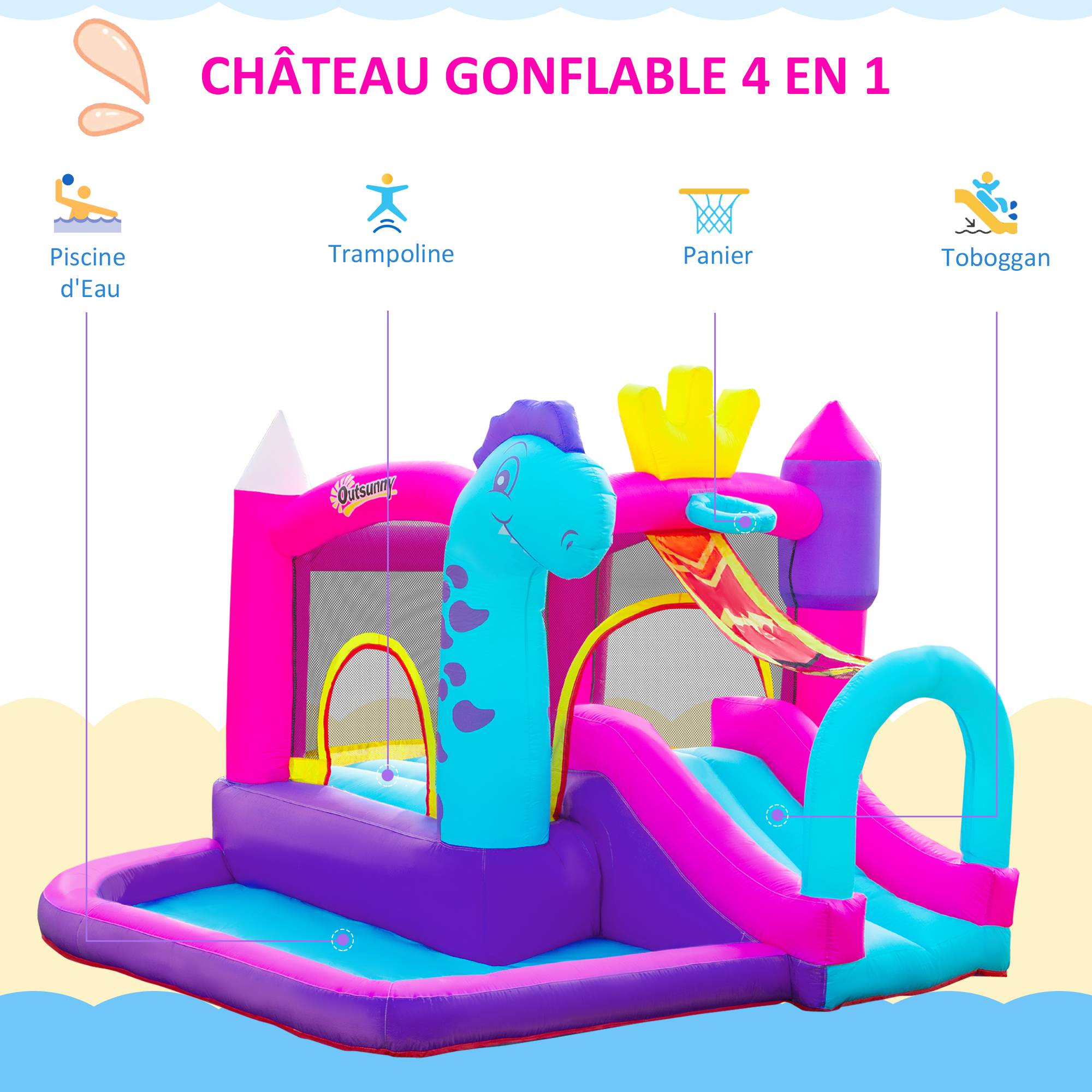 Château Gonflable avec Toboggan, Trampoline, Piscine et Panier, Souffleur 350W Inclus, Multicolore - Image 6