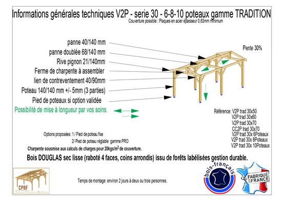 Cpbf Charpentes - Carport bois 2 pentes en bois douglas 34 m², 10 poteaux avec pieds de poteau fixes. Abri voiture extérieur. Garantie 10 ans. - Image 4