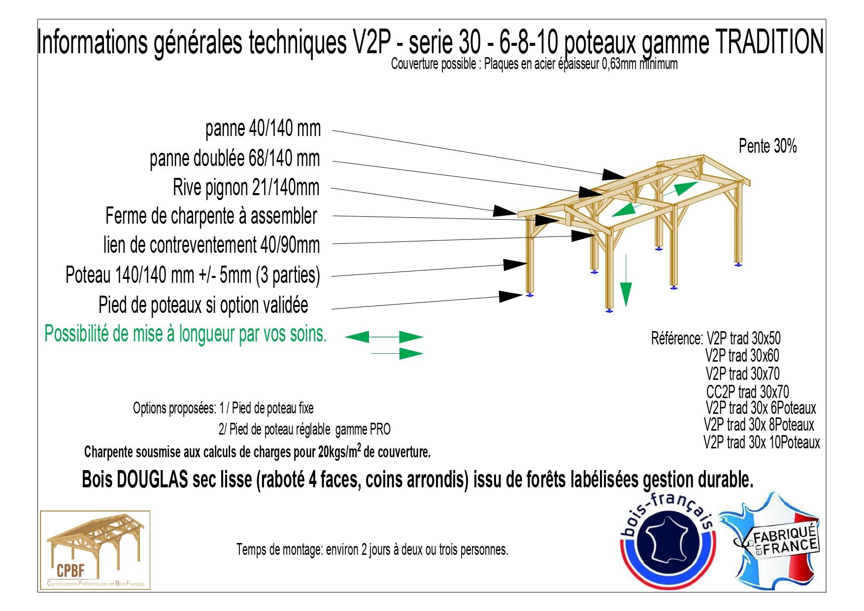 Cpbf Charpentes - Carport bois 2 pentes en bois douglas 34 m², 10 poteaux avec pieds de poteau fixes. Abri voiture extérieur. Garantie 10 ans. - Image 4
