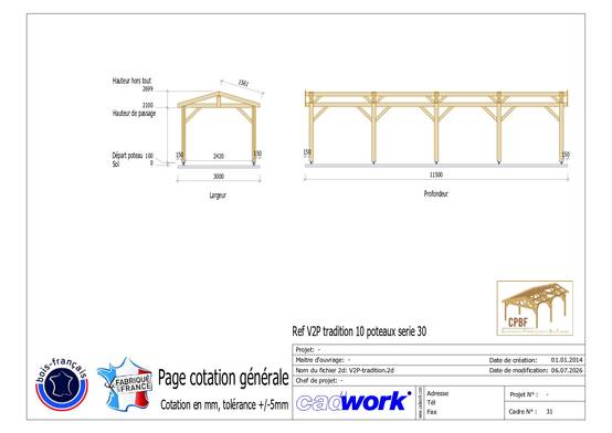 Cpbf Charpentes - Carport bois 2 pentes en bois douglas 34 m², 10 poteaux avec pieds de poteau fixes. Abri voiture extérieur. Garantie 10 ans. - Image 5