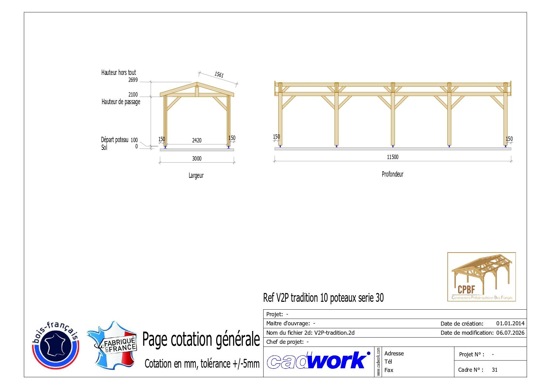 Cpbf Charpentes - Carport bois 2 pentes en bois douglas 34 m², 10 poteaux avec pieds de poteau fixes. Abri voiture extérieur. Garantie 10 ans. - Image 5