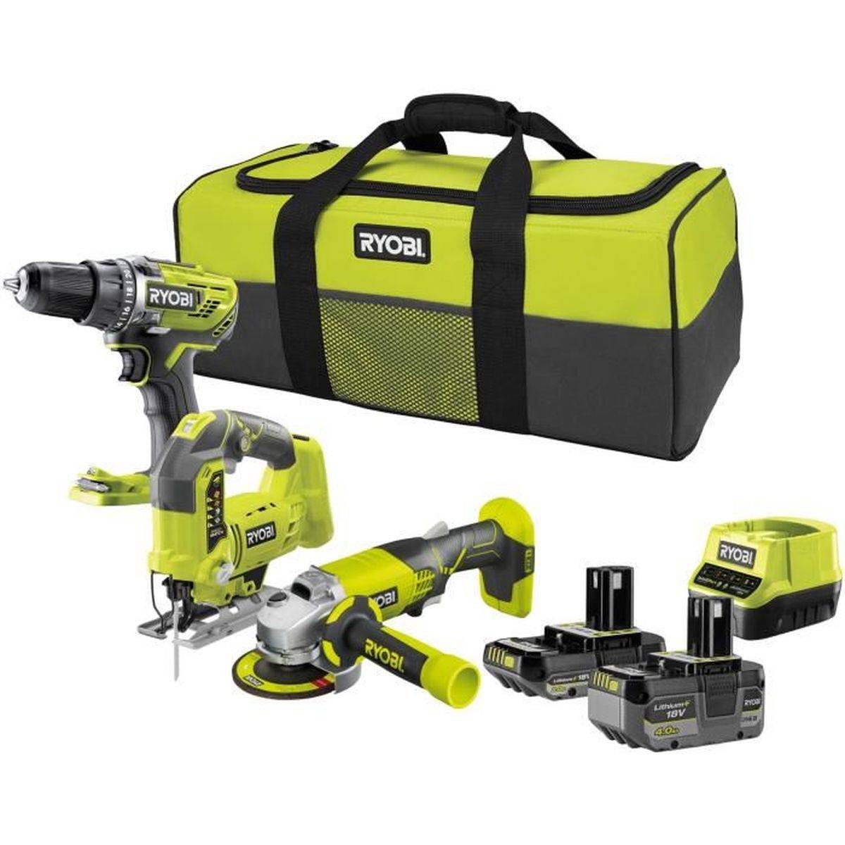 Combo 3 outils 18 V ONE+ sans fil: perceuse-visseuse, meuleuse 115 mm et scie sauteuse - RYOBI - Image 1
