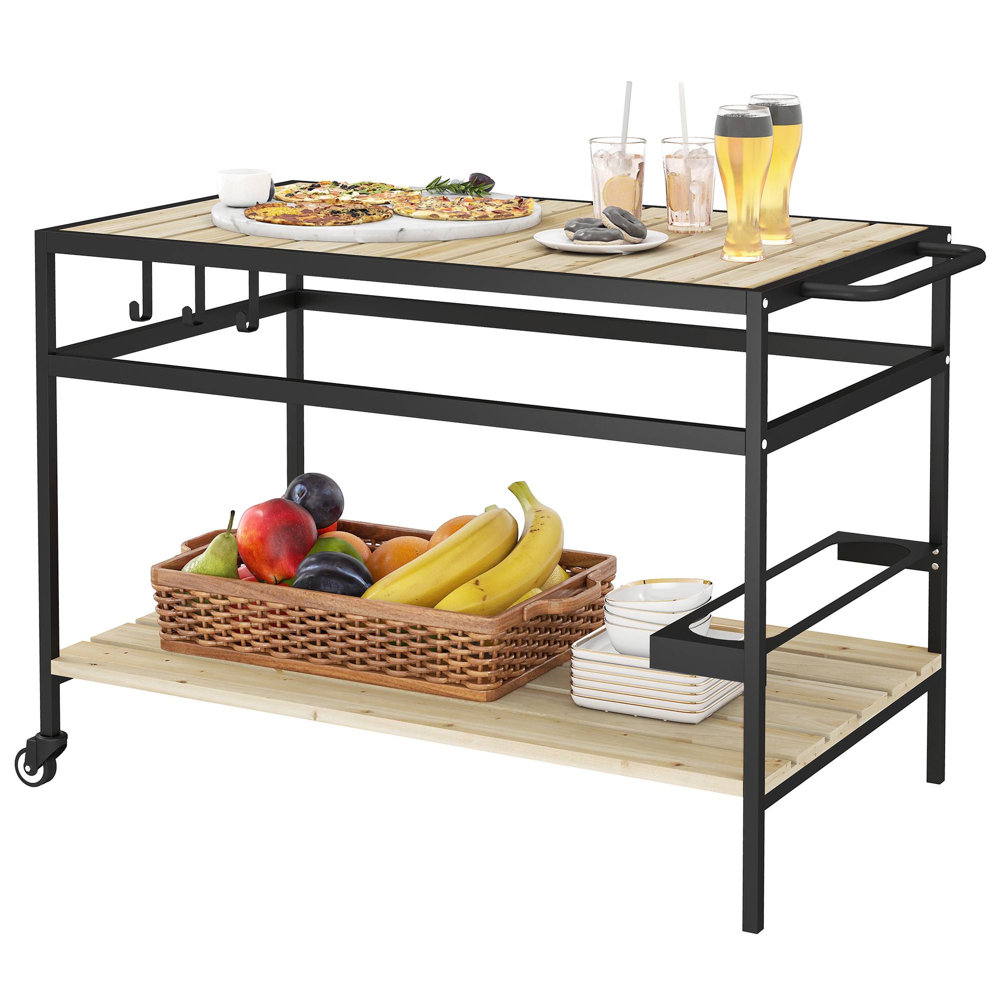 ComfortXL - Desserte de jardin mobile acier et sapin 107 x 65 x 80 cm noir naturel 2 niveaux 3 crochets pour barbecue - Image 2