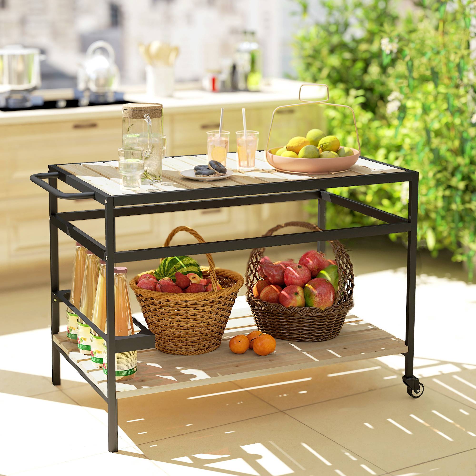 ComfortXL - Desserte de jardin mobile acier et sapin 107 x 65 x 80 cm noir naturel 2 niveaux 3 crochets pour barbecue - Image 9