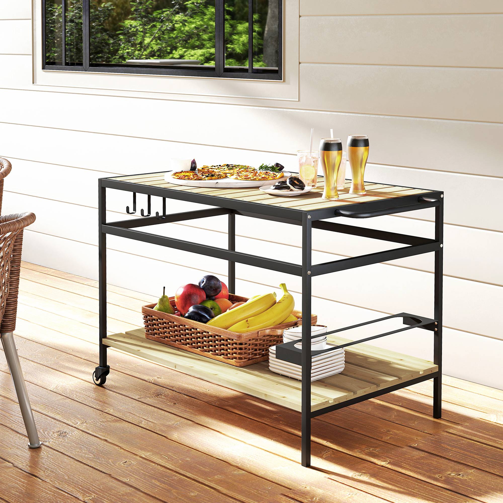 ComfortXL - Desserte de jardin mobile acier et sapin 107 x 65 x 80 cm noir naturel 2 niveaux 3 crochets pour barbecue - Image 8
