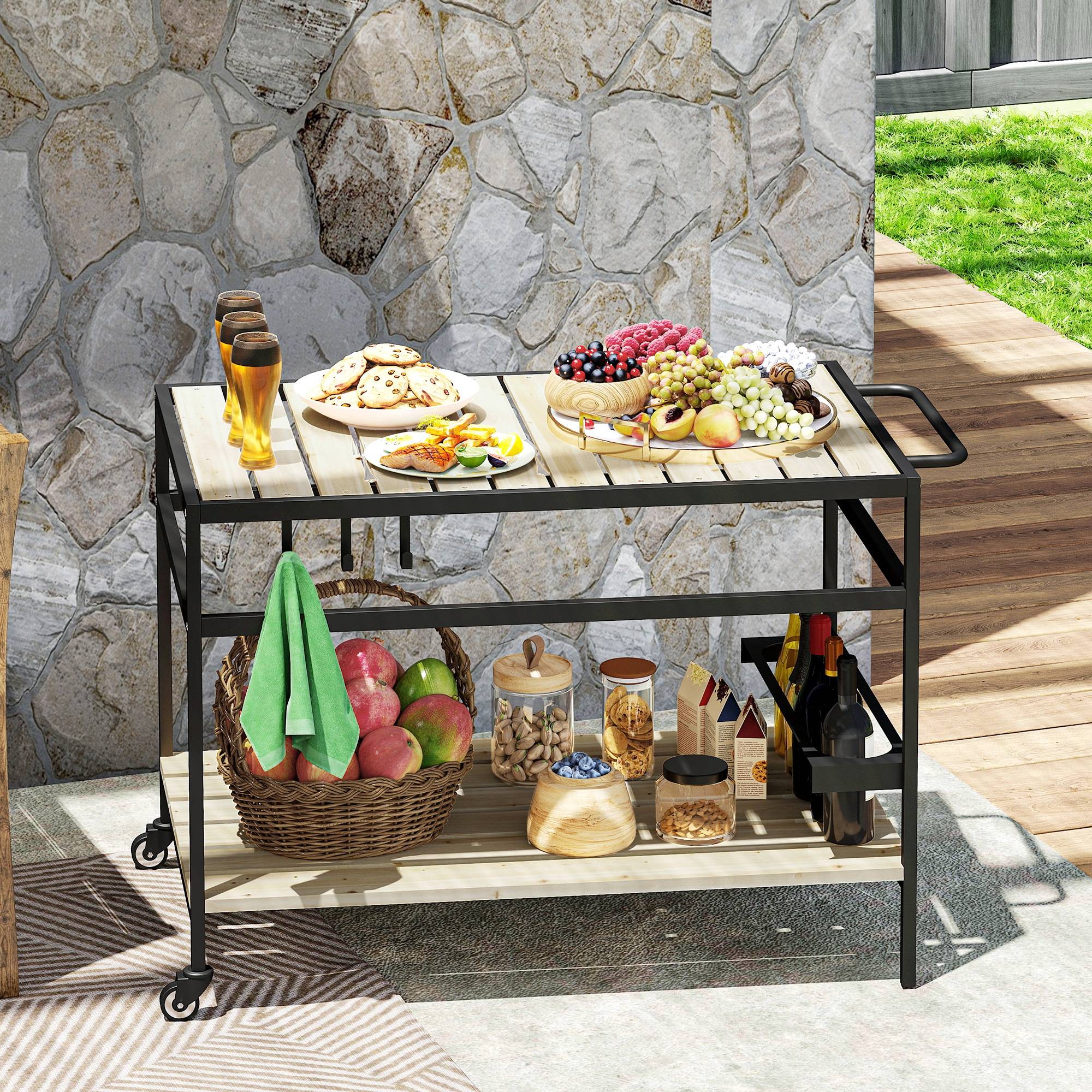 ComfortXL - Desserte de jardin mobile acier et sapin 107 x 65 x 80 cm noir naturel 2 niveaux 3 crochets pour barbecue - Image 1