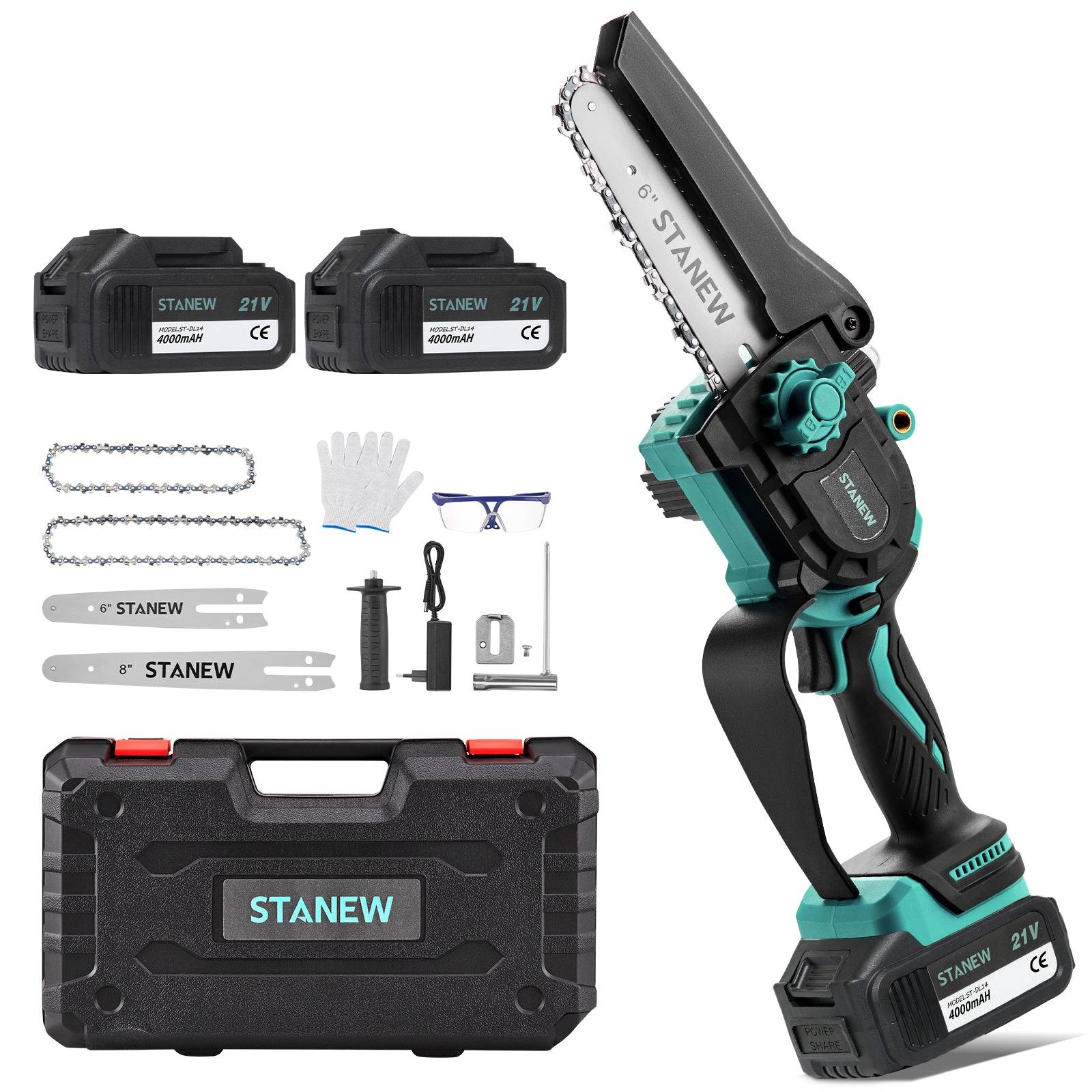 Teeno - Tronçonneuse sans balais sans fil mini 21V, 600-700 W, 6/8 pouces, batterie 4A × 2
