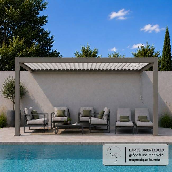 Pergola Bioclimatique Aluminium Adossée Gris 4x3,5 Manuelle S ORIAL France - Image 3