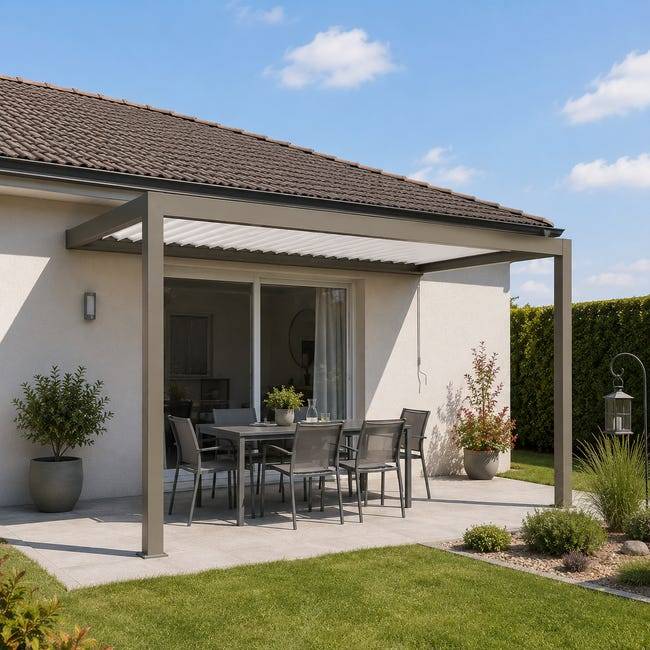 Pergola Bioclimatique Aluminium Adossée Gris 4x3,5 Manuelle S ORIAL France - Image 6
