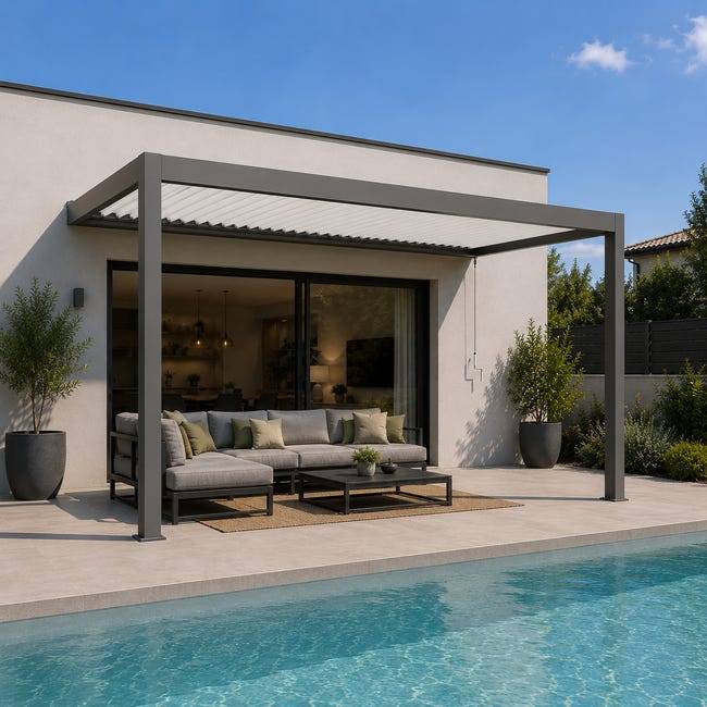 Pergola Bioclimatique Aluminium Adossée Gris 4x3,5 Manuelle S ORIAL France