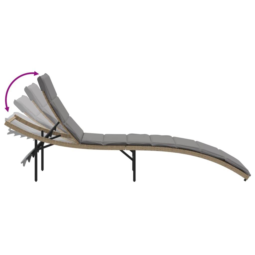 Chaise longue | Transat | Bain de soleil avec coussin beige 55x199x50 cm résine tressée - Image 7