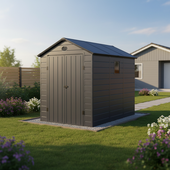 Abri de jardin résine anthracite 5,32m² avec kit de fondation et double porte Jôbu - Image 1