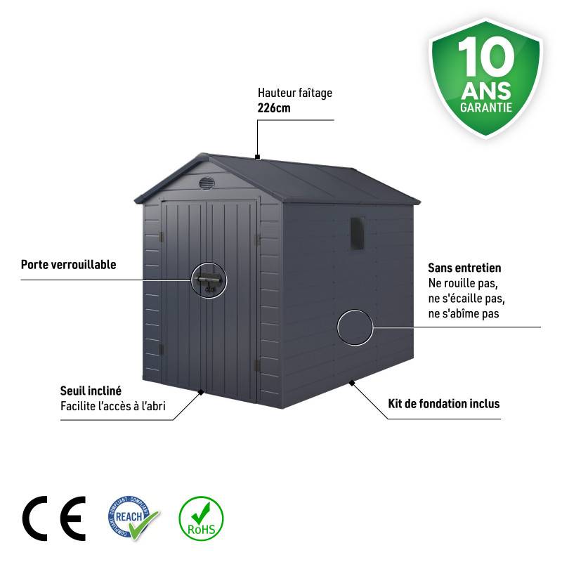Abri de jardin résine anthracite 5,32m² avec kit de fondation et double porte Jôbu - Image 3