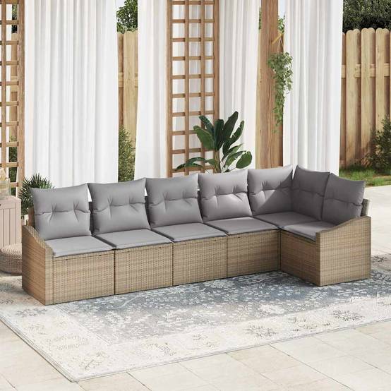 Salon de Jardin 6 Places Résine Tressée Beige avec Rangement et Table Réglable en Hauteur – ComfortXL Outdoor Living - Image 1