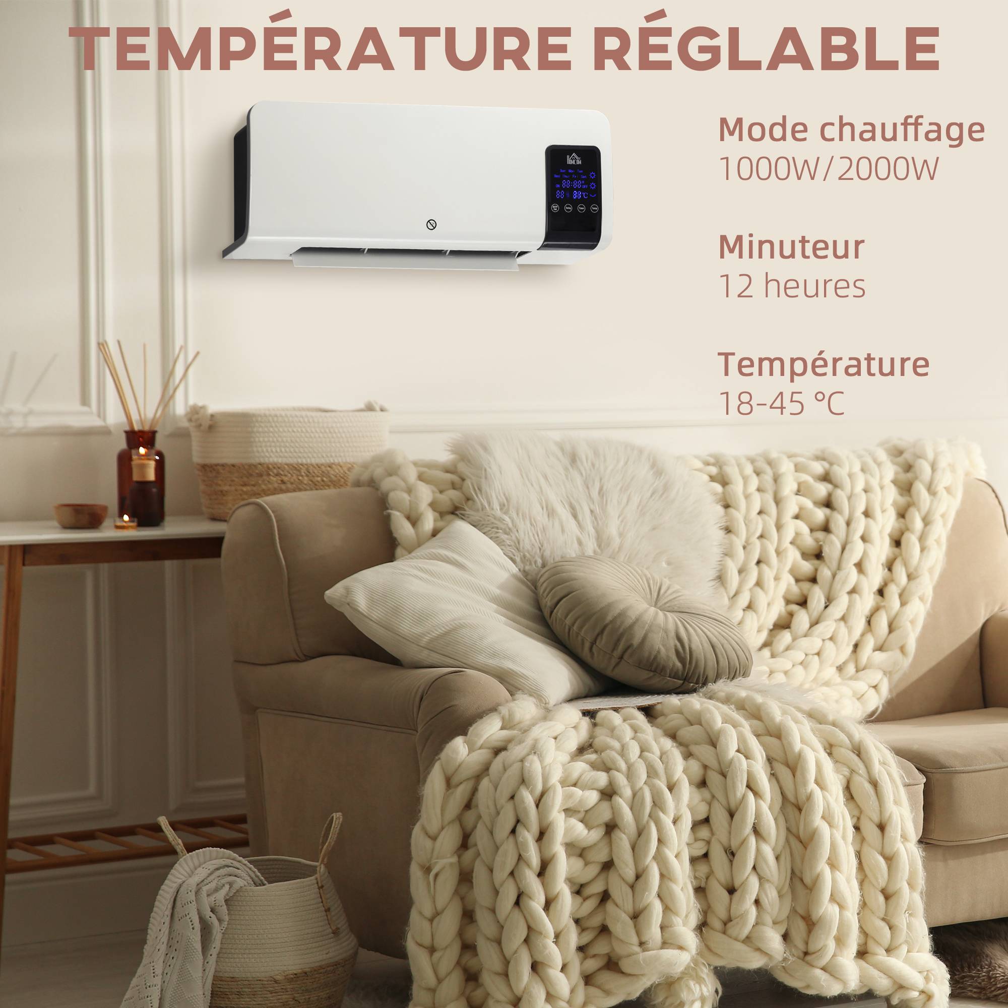 Radiateur soufflant mural chauffage céramique PTC - 1000 W / 2000 W oscillation minuterie avec télécommande blanc - Image 6