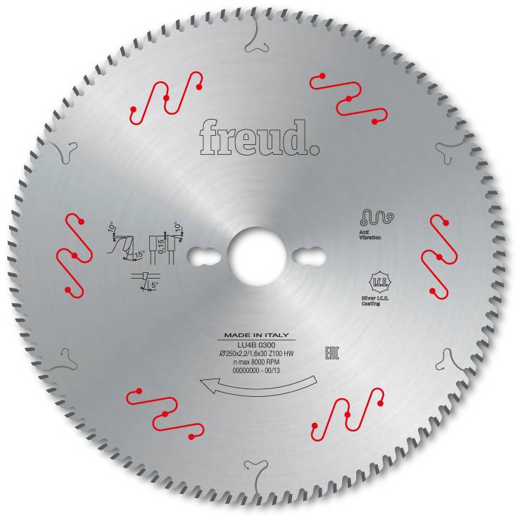 Lame à faible épaisseur trapèze plate pour plastiques FREUD - Ø250 2,2/1,6 AL30 Z100 TP+ - F03FS05170 -LU4B 0300 - Image 1