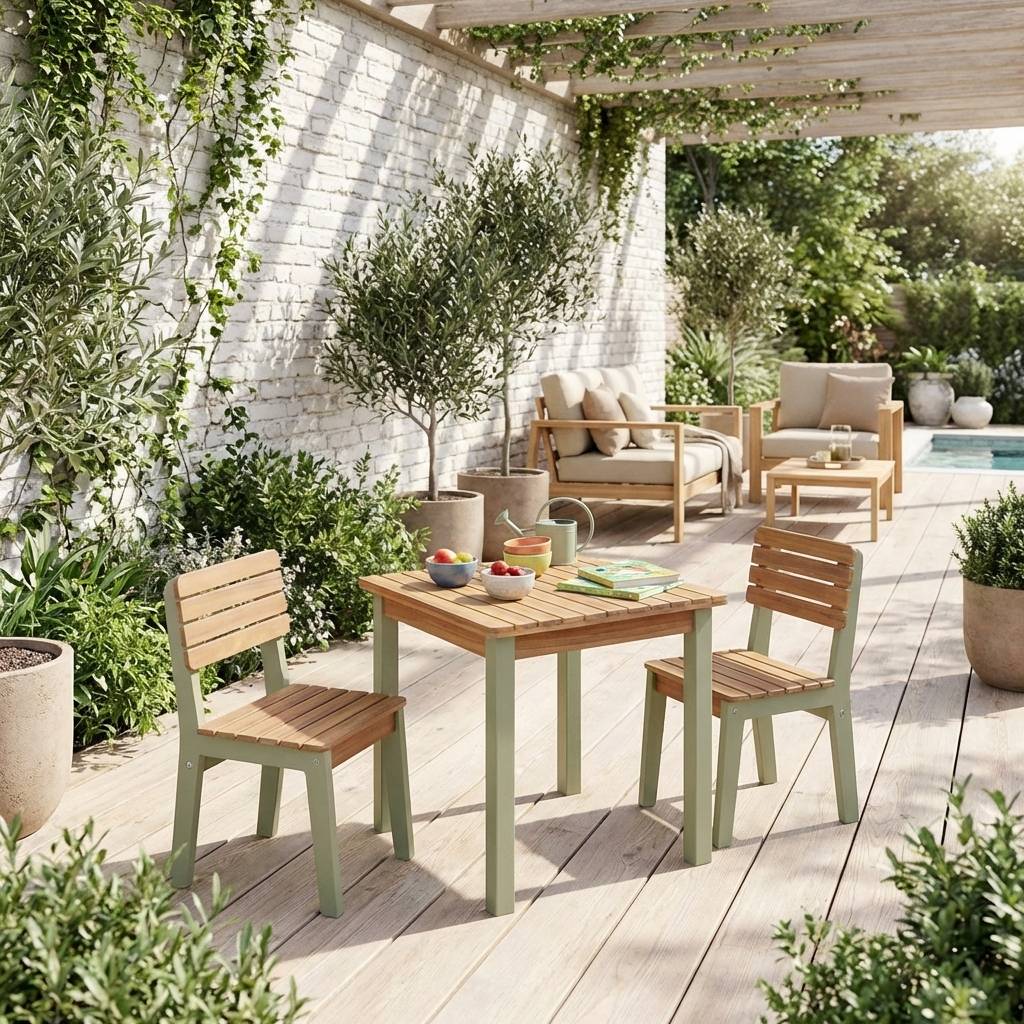 Table de jardin enfant intérieur/extérieur bois d'acacia + 2 assises vert de gris | sweeek - Image 1