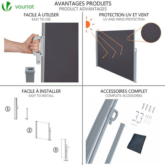 VOUNOT® Paravent extérieur rétractable 180x300cm avec housse de protection - Noir anthracite - Store latéral vertical brise-vue - Image 3
