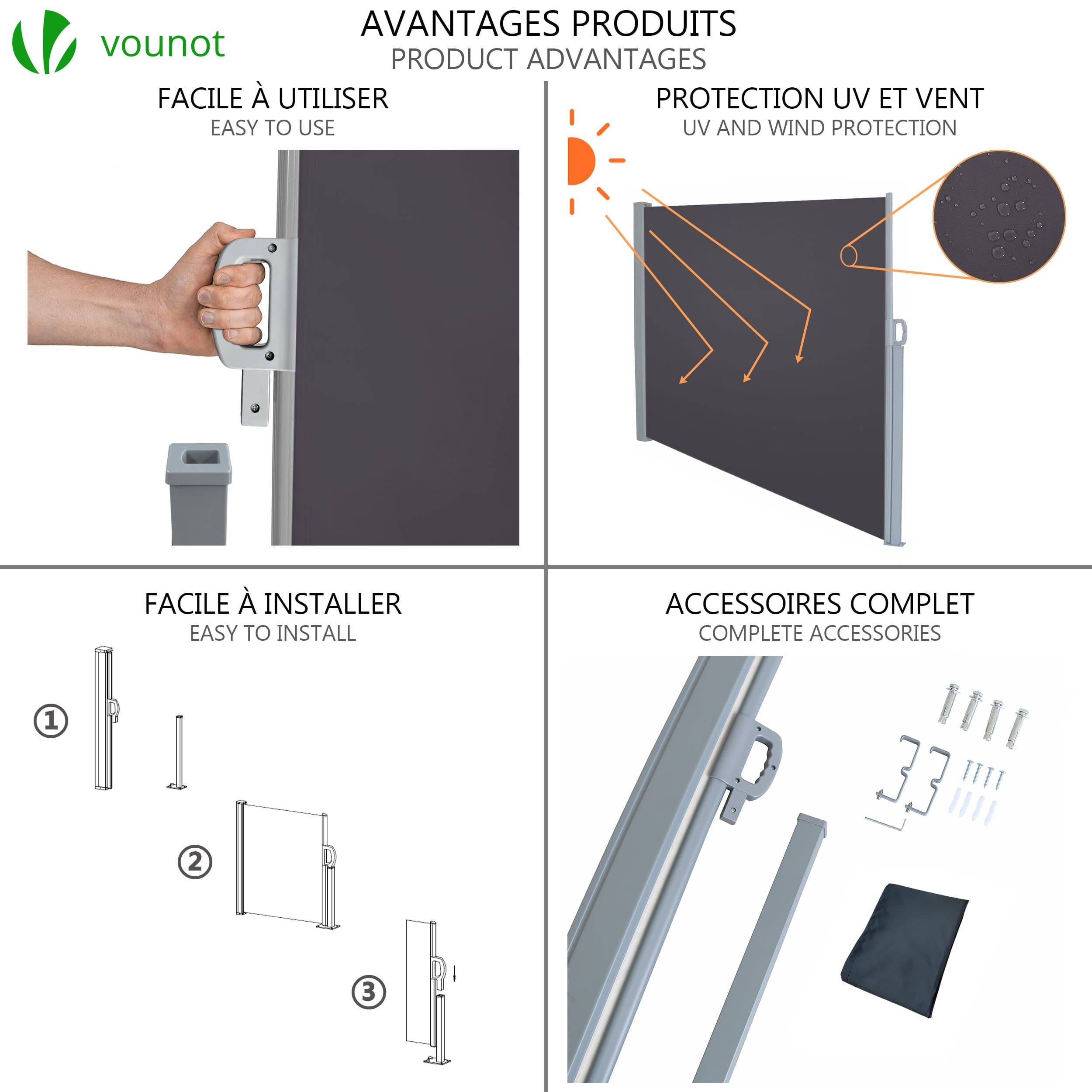VOUNOT® Paravent extérieur rétractable 180x300cm avec housse de protection - Noir anthracite - Store latéral vertical brise-vue - Image 3
