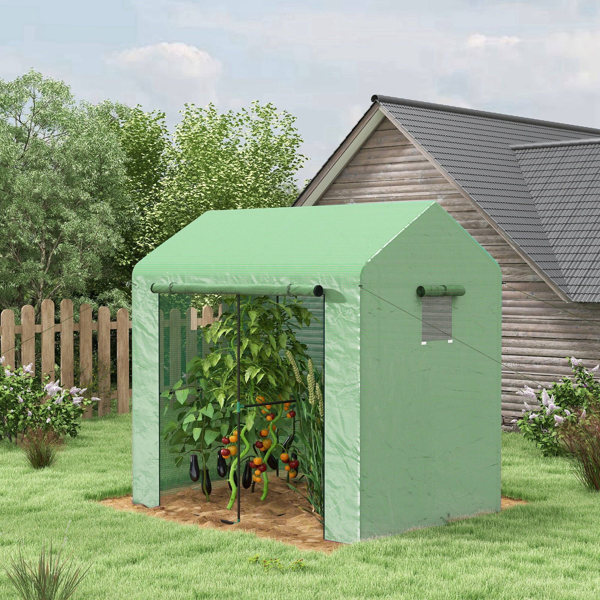Sans Marque - Serre de jardin 2,8 m² 200x140x200 cm porte enroulable 2 fenêtres serre potager jardin verte compacte - Image 4