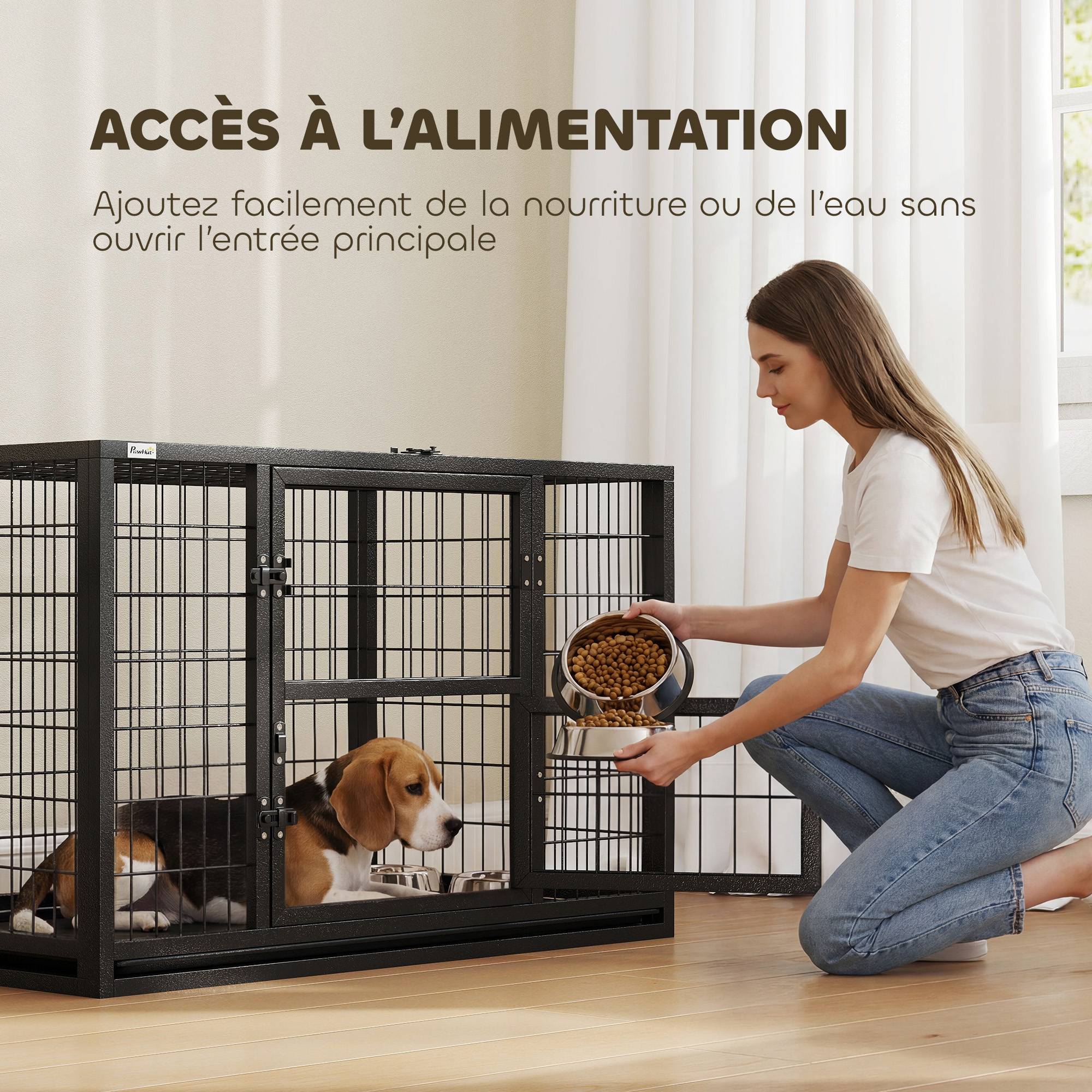 Cage pour Chien Robuste Niche Chien Intérieur Toit Ouvrant et Porte de Nourrissage Acier 94 x 60 x 64 cm Noir - Image 7