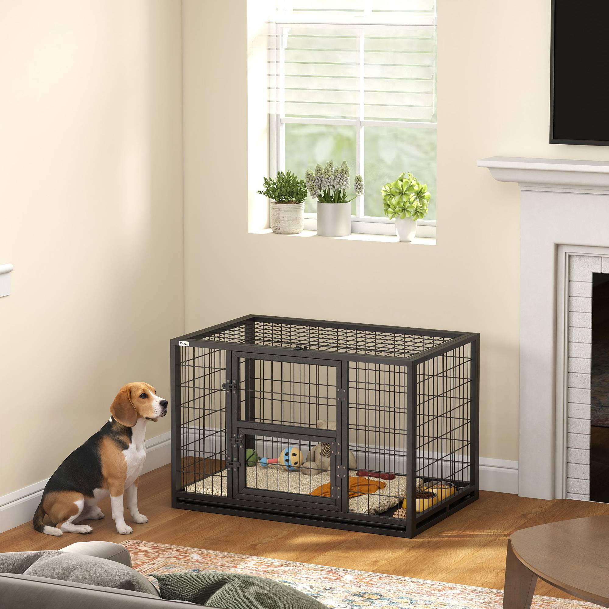 Cage pour Chien Robuste Niche Chien Intérieur Toit Ouvrant et Porte de Nourrissage Acier 94 x 60 x 64 cm Noir - Image 4