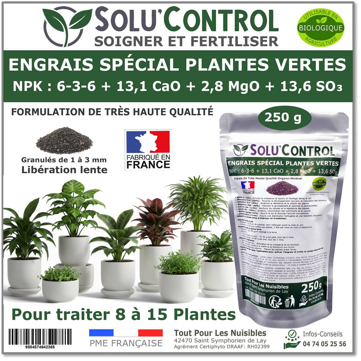 SOLU’CONTROL - 250 g Engrais Spécial Plantes Vertes 6-3-6 - Croissance, Feuillage Dense & Vitalité - Formulation Organo-Minerale - Image 1