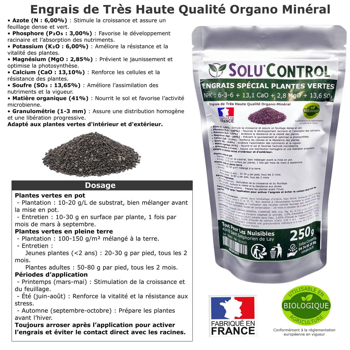 SOLU’CONTROL - 250 g Engrais Spécial Plantes Vertes 6-3-6 - Croissance, Feuillage Dense & Vitalité - Formulation Organo-Minerale - Image 3