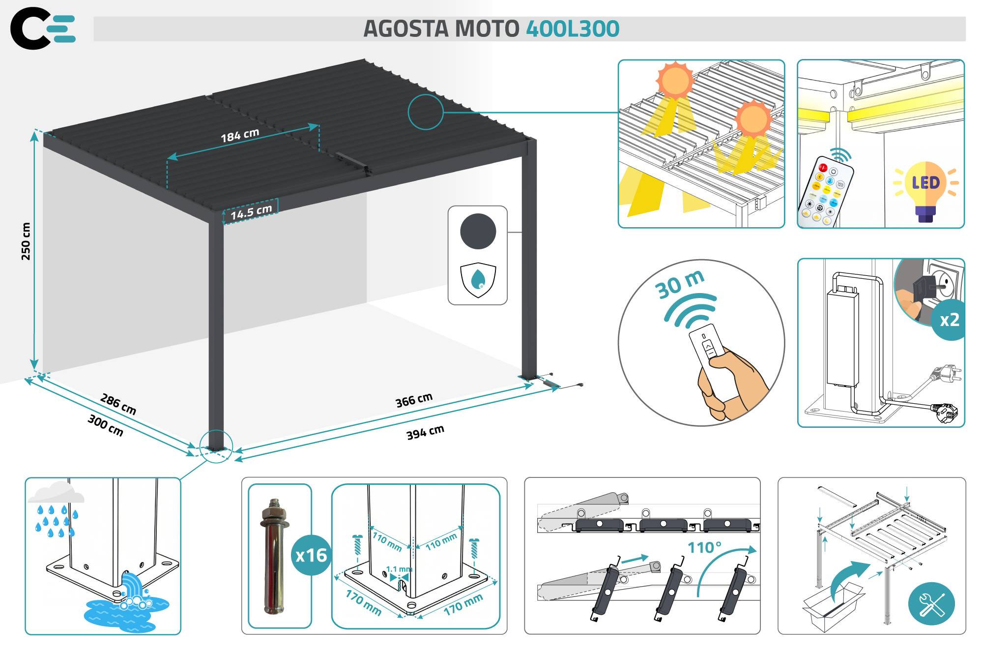 Pergola bioclimatique motorisée 4x3 m adossée à LED AGOSTA hauteur 250 cm - Aluminium gris - Image 4
