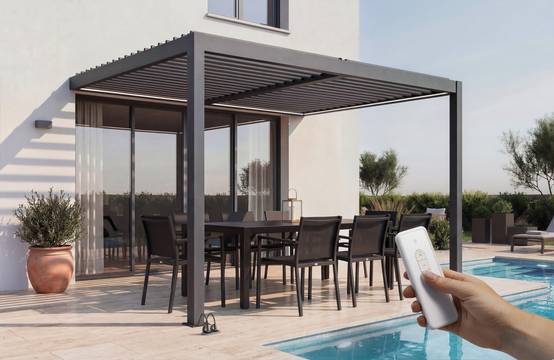 Pergola bioclimatique motorisée 4x3 m adossée à LED AGOSTA hauteur 250 cm - Aluminium gris - Image 1