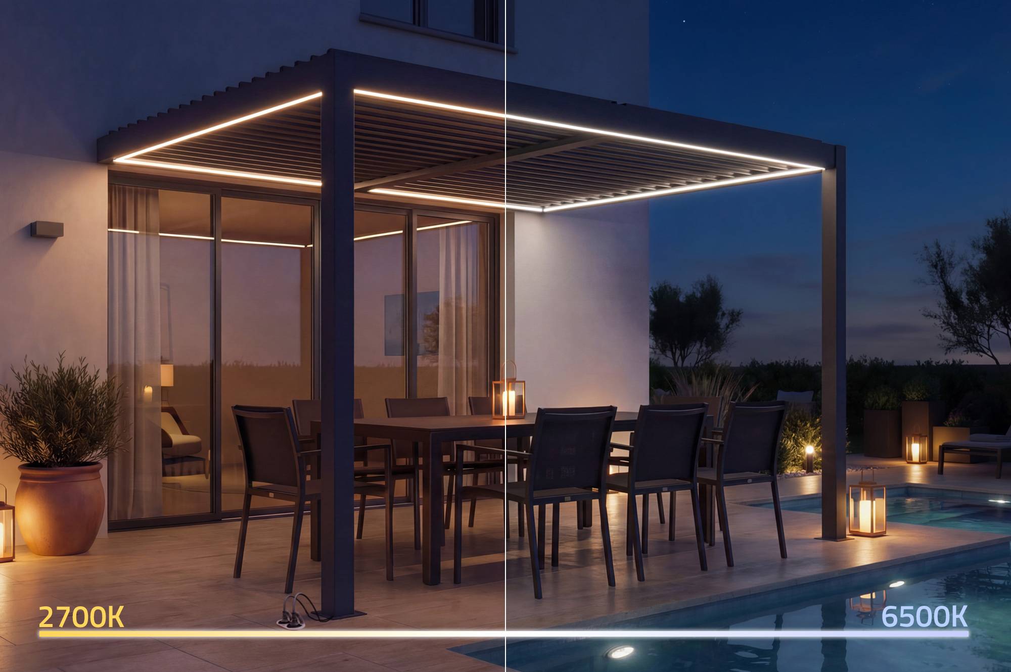 Pergola bioclimatique motorisée 4x3 m adossée à LED AGOSTA hauteur 250 cm - Aluminium gris - Image 2