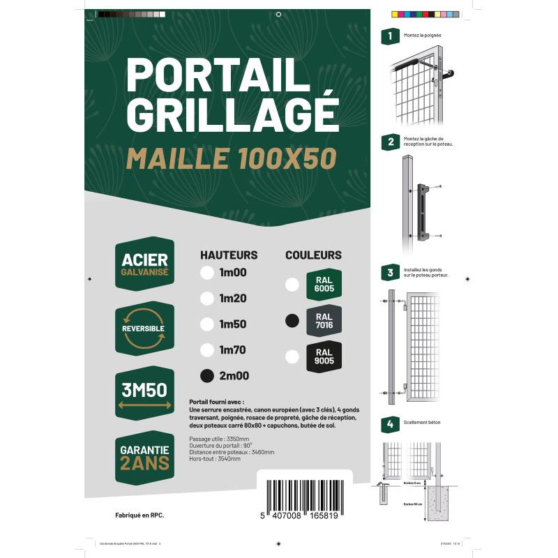 Portail grillagé acier galvanisé L 3m50 Gris anthracite H 2m00 - Easy Clôture - Image 5