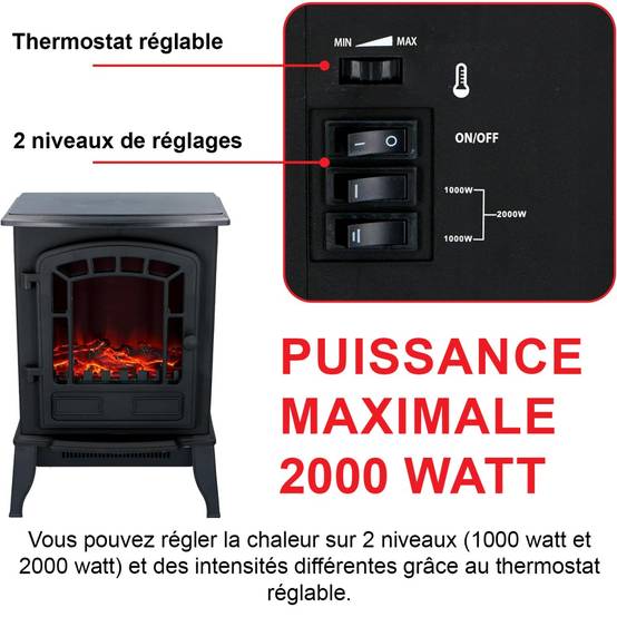 Cheminée électrique Effet flamme 2000W Thermostat réglable 3 LED Chauffage d'appoint Torino CLASSIC FIRE - Image 2