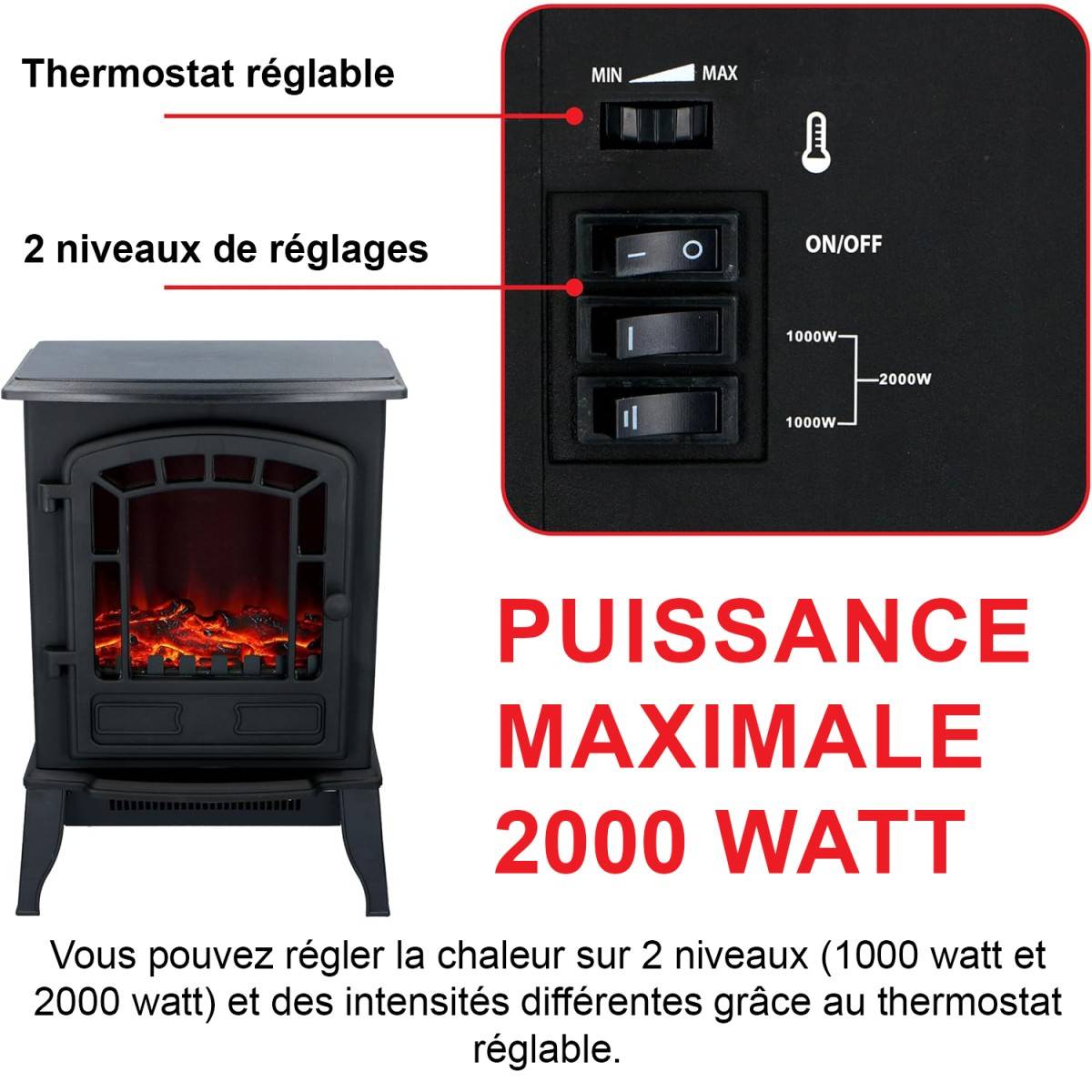 Cheminée électrique Effet flamme 2000W Thermostat réglable 3 LED Chauffage d'appoint Torino CLASSIC FIRE - Image 2