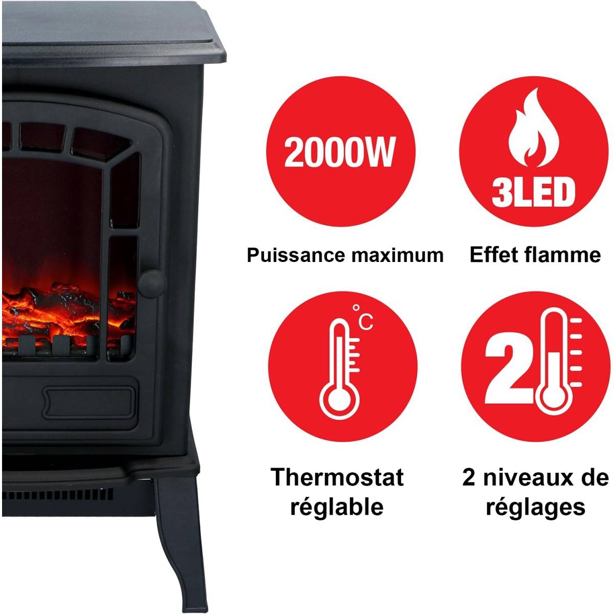 Cheminée électrique Effet flamme 2000W Thermostat réglable 3 LED Chauffage d'appoint Torino CLASSIC FIRE - Image 3