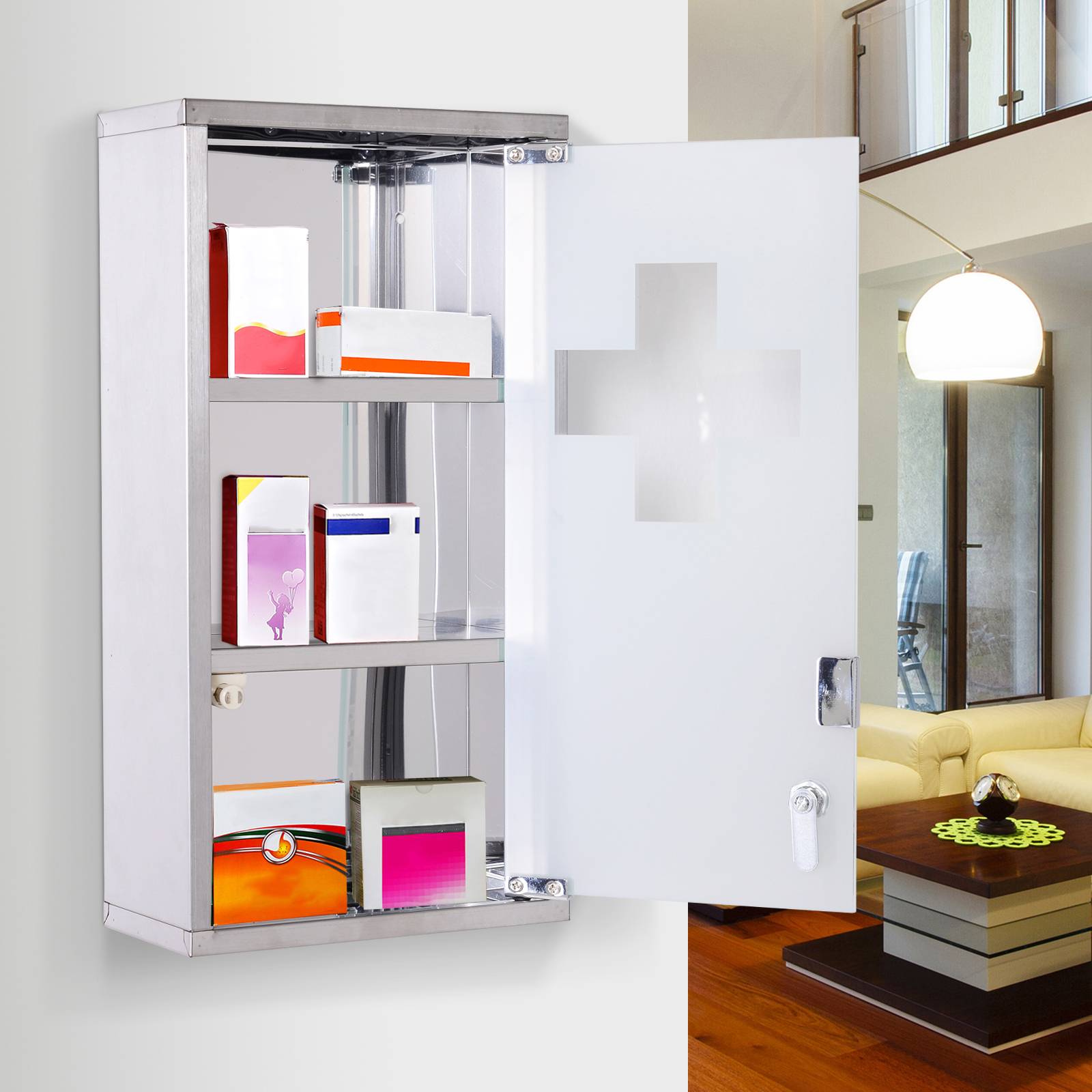 Sans Marque - Armoire pharmacie Acero acier inoxydable 3 compartiments serrure 25x12x48 cm - Image 4