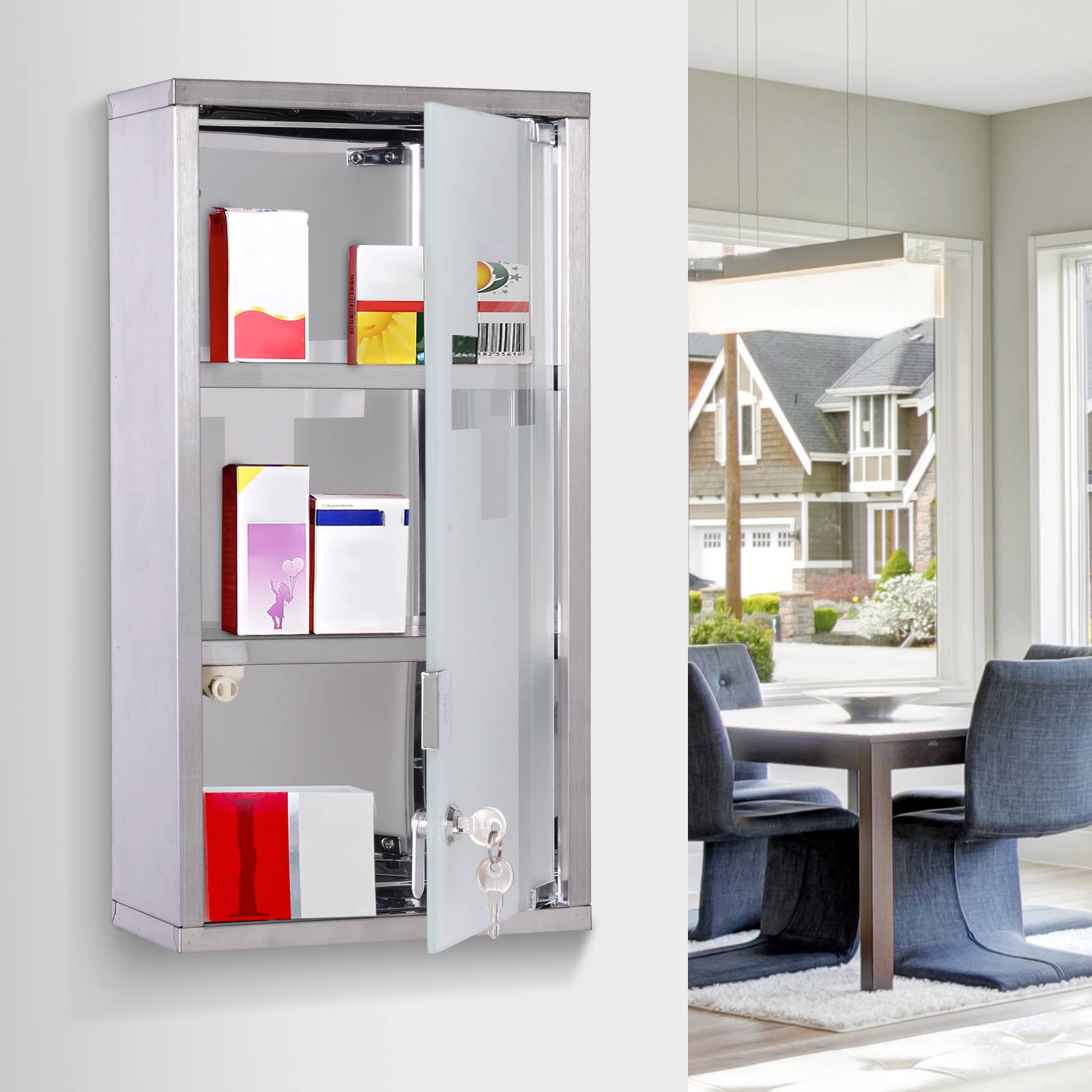 Sans Marque - Armoire pharmacie Acero acier inoxydable 3 compartiments serrure 25x12x48 cm - Image 3