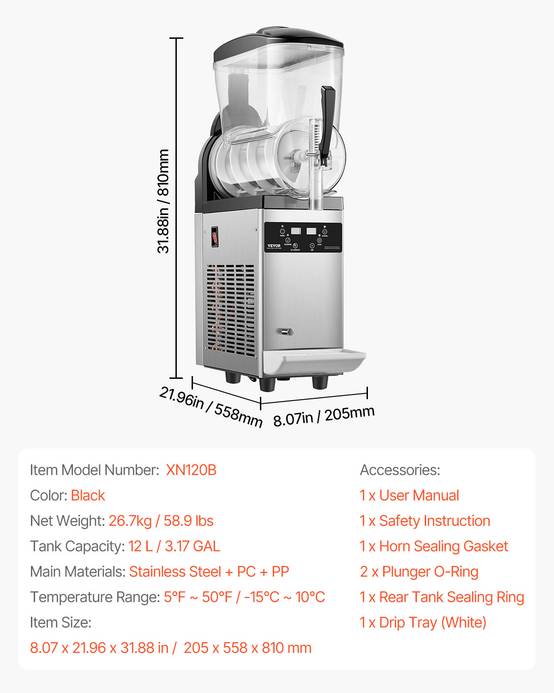 VEVOR Machine à granite commerciale 12L simple réservoir, inox 48 tasses, pour cafés/bars. - Image 7