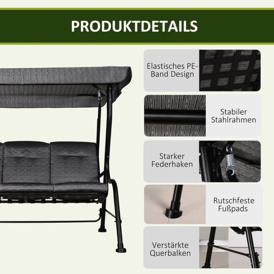Balancelle de jardin 3 places structure acier coussins gris toit ajustable 200x120x170cm - ComfortXL Outdoor Living - Image 7